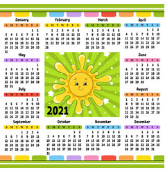 Calendar For 2021 With A Cute Character Cute Sun