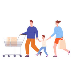 Family Shopping Man Pushing Cart With Paper Bags