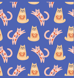 Trendy Folk Art Cats Seamless Pattern