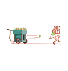 Woman Practicing Tennis With Ball Throwing Machine