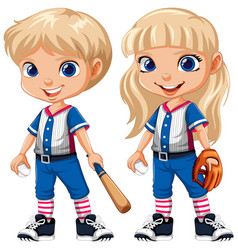 Cute Blond Boy And Girl Baseball Player Cartoon