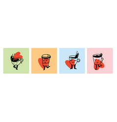 Retro Doodle Funny Coffee Characters With Hearts