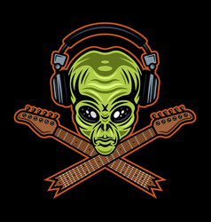 Alien Green Head In Headphones And Two Crossed