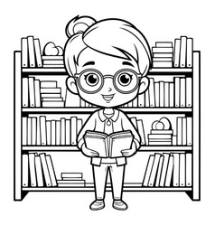 Cute Little Student Girl In Bookshelf Cartoon