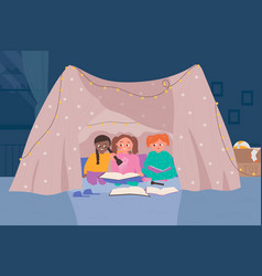 Cute Kids Read Fairytale Book In Homemade Tent