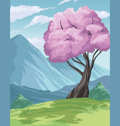 Landscape Anime With Lilac Tree