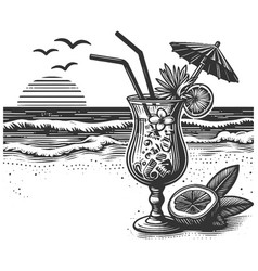 Tropical Beach Cocktail And Fruit Engraving