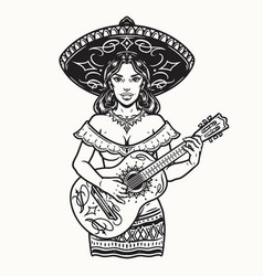 Female Mexican Guitarist In Sombrero