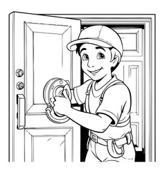 Cartoon Of A Handyman Installing Door Handle