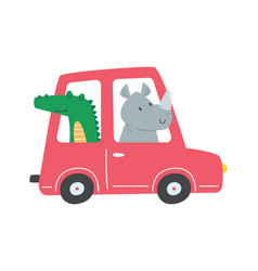 Crocodile And Rhinoceros In Car