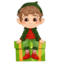 Cartoon Elf With A Big Smile Sitting On A Present