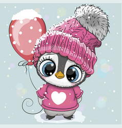 Cartoon Penguin In A Pink Hat And Sweater