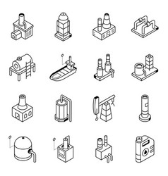 Collection Of Fuel Factory Isometric Line Icons