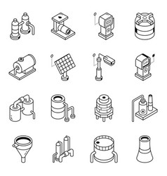 Set Of Gas Factory Isometric Line Icons