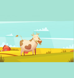 Cow Grazing On Farmland Cartoon Poster