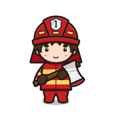 Cute Fire Fighter Character Holding Ax Cartoon