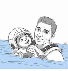 Father And Son In A Diving Suit On The Water