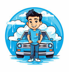 Cute Boy With A Car In The Rain Cartoon