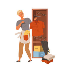 Man Putting Clothes At Wardrobe Or Closet