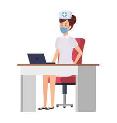 Nurse With Face Mask In Desk And Laptop