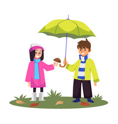 Cute Kids Walking Under Umbrella And Picking