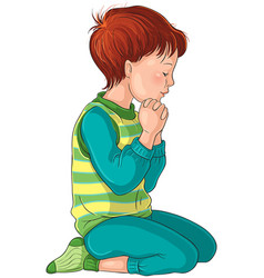 Boy Kneeling Down In Prayer With Her Hands Folded