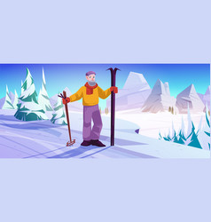 Elder Man With Ski And Sticks Stand On Snow Slope