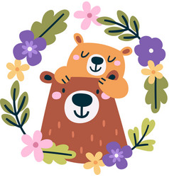 Bear Mom And Child In Floral Wreath