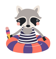 Cute Raccoon Swimming With A Pool Float Cartoon