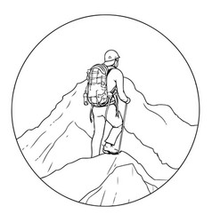 Hiking Man With Backpack On Top Of Mountain