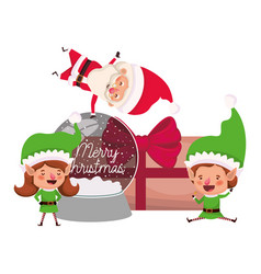 Couple Elves And Santa Claus With Gifts Boxs