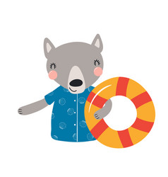 Cute Wolf Holding Pool Float Cartoon Character