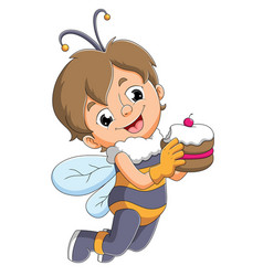 Boy With The Bee Costume Is Holding A Cake