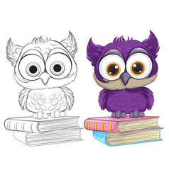 Two Cartoon Owls Perched On Colorful Books