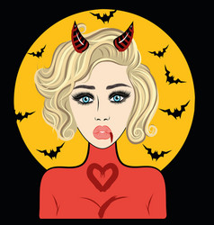 Demon Blonde Girl With Horns Against The Yellow