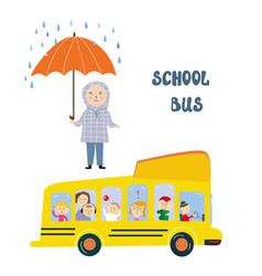 School Bus And Kid At Stop Under Rain