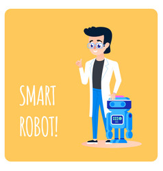 Smart Robot Machine With Human Scientist Cartoon