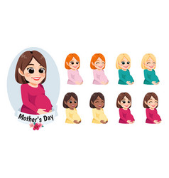 Cute Pregnant Profile Diverse Mother Cartoon