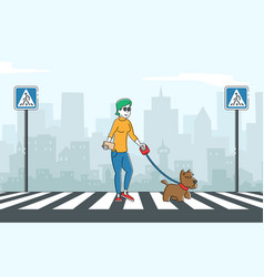 Blind Woman Walking With Guide Dog Crossing Street