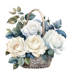 White And Blue Roses Flower Basket Watercolor