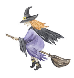 Watercolor Witch On A Broomstick