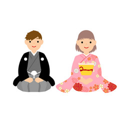 Boy And Girl In Kimono Montsuki Hakama