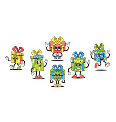 Retro Groovy Style Gift Box Cartoon Characters