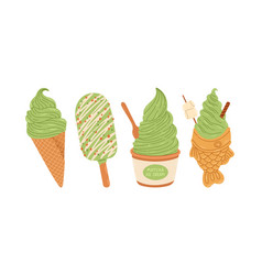 Matcha Ice Cream Set Isolated For Stickers