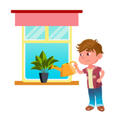 Boy Child Watering House Plant With Can