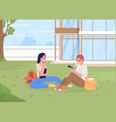 Students Resting On Lawn Flat Color