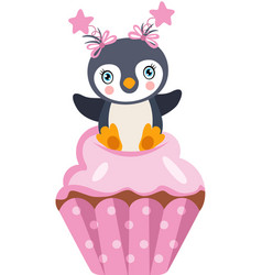 Cute Baby Girl Penguin On Top Of Pink Cupcake