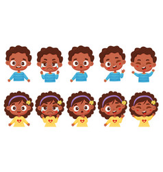 Set Kids Emotions Avatars Portrait Dark-skinned