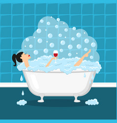 Girl Relaxing In A Bath And Taking Glass Wine