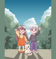 Anime Couple With Cat In Landscape